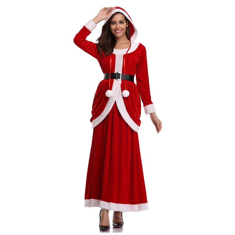 Женская рождественская маскарадная Одежда Костюм Санта Клауса платья Санта-Клауса с капюшоном Топ с длинным рукавом, набор размера плюс M-XL женское платье