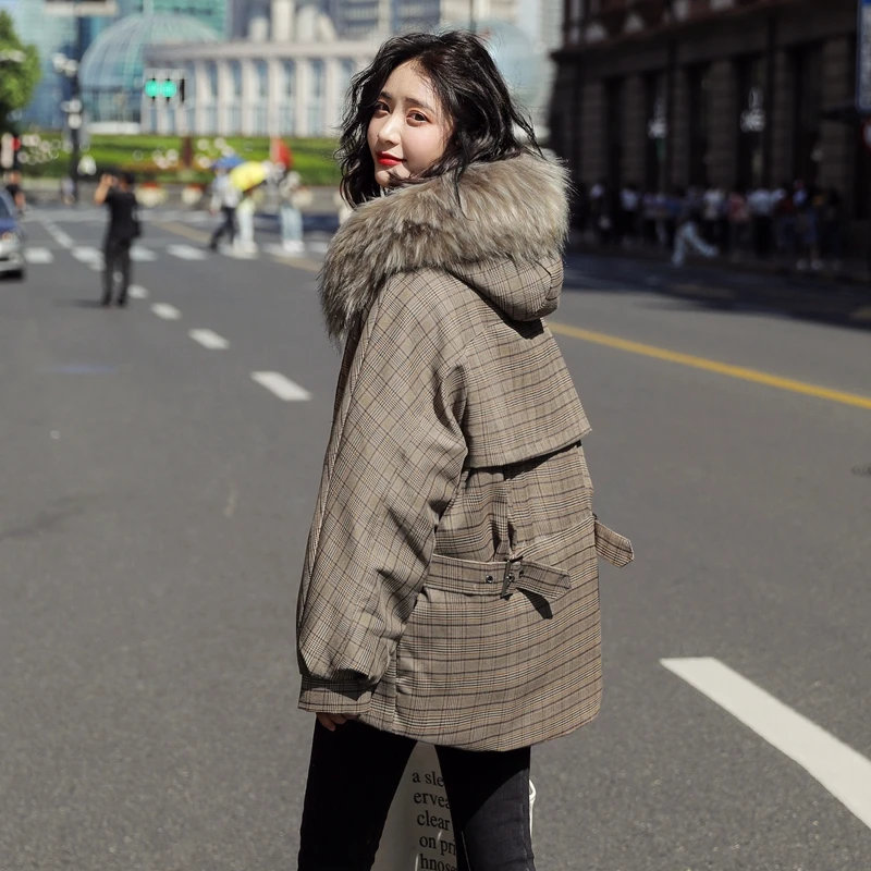 Женская зимняя Толстая парка, клетчатое хлопковое пальто, повседневная куртка с меховым воротником и капюшоном, корейский стиль, верхняя одежда, повседневная куртка на молнии