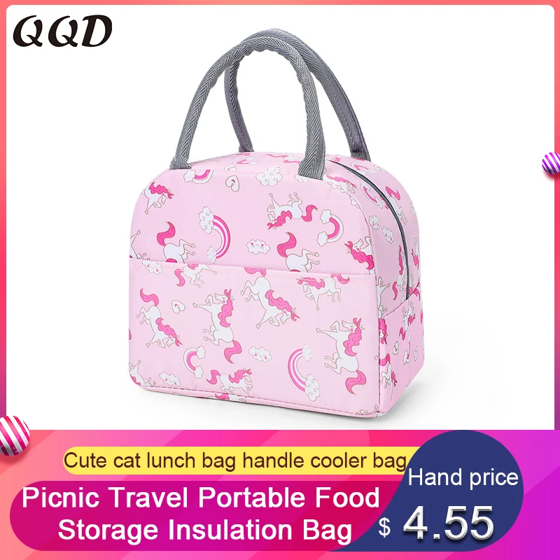 QQD-fiambrera térmica con asas para gatos, bolsa aislante para picnic, viaje, contenedor de comida portátil, desayuno, estudiante, unicornio