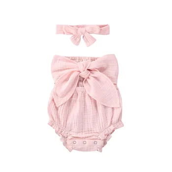 

Newborn Infant Baby Girls 0-24M Bodysuits Headband 2pcs Solid Bowknot Sleeveless Jumpsuits Outfits 4 Colors