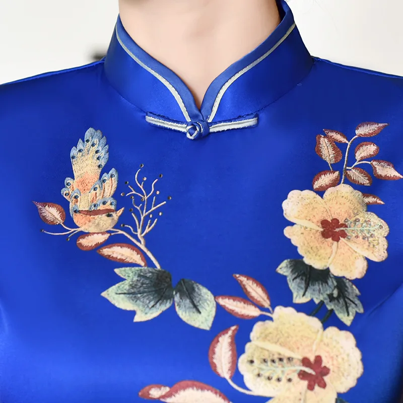 Элегантные атласные женские вечерние Qipao Цветочные Длинные китайские традиционные восточные тонкие Cheongsam Vestidos плюс размер M-4XL