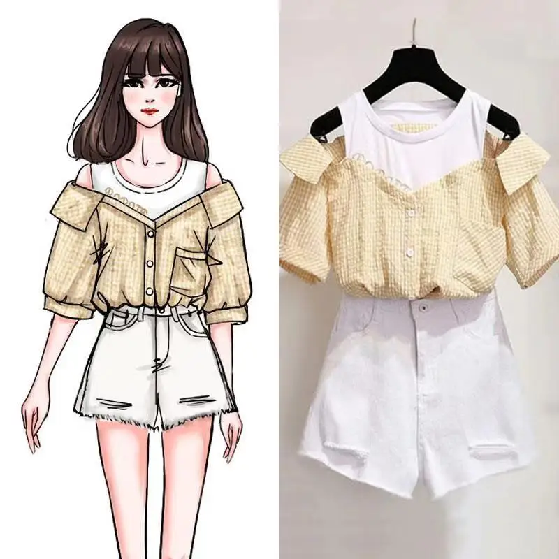 

2019 Spring And Summer New Style Korean-style Plaid Shirt Women's Fake Two-Piece Off-shoulder Tops Hipster Short Sleeve Students