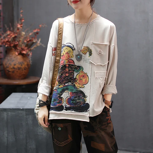 White T shirt Свободная хлопковая Футболка с принтом с героями мультфильмов Винтажная футболка с длинными рукавами хлопковая Футболка с круглым вырезом обычного размера плюс для женщин Z3 - Цвет: White T shirt