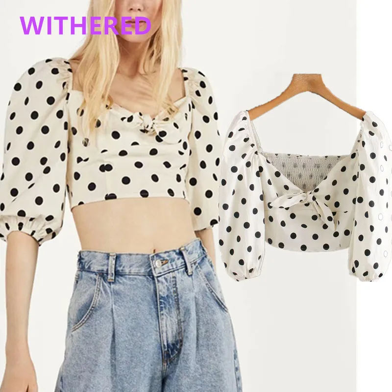 

Withered england high street polka dot bow sexy summer blouse women blusas mujer de moda 2020 short shirt womens tops and blouse