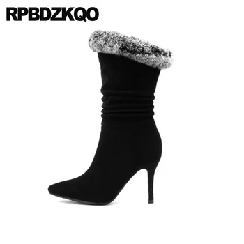 

autumn genuine leather big size high heel suede stiletto 10 fur shoes black quality pointy pointed toe women boots winter 2019