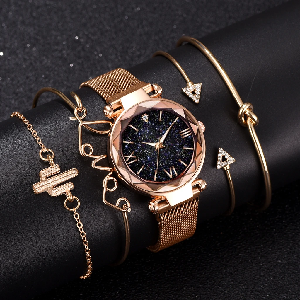 Nuevo  5 unids/set de lujo relojes de pulsera para las mujeres de oro rosa de moda magnético vestido de las mujeres reloj de mujer reloj femenino r0QK3EjORmQ