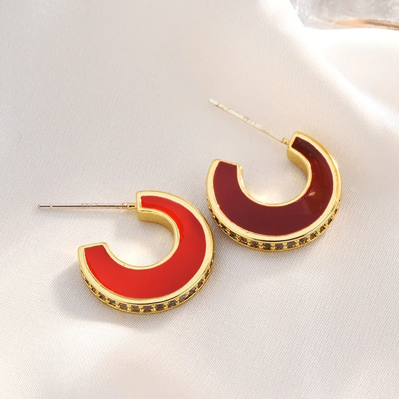 Модные Винтажные винно красные эмалированные серьги небольшие геометрические