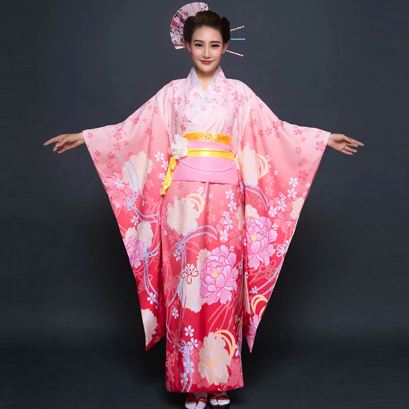 Женское кимоно халат традиционная Япония юката розовый цвет цветы принты Летнее платье одежда для выступлений косплей одежда