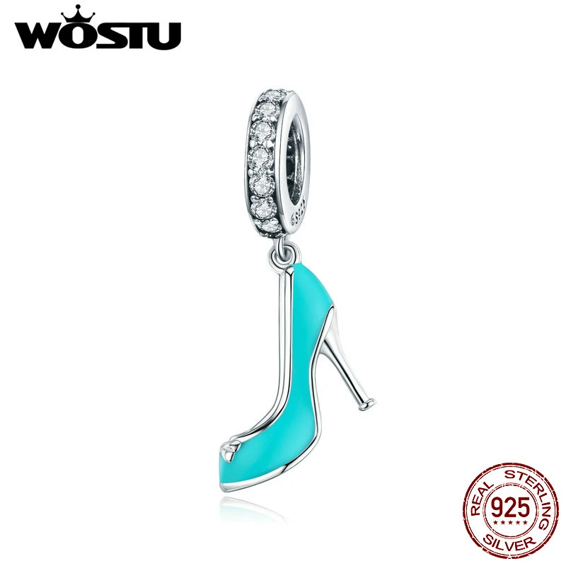 Wostu Authentic S925 Sterling Silver CZ Charm High heels Pendant Fit Bracelets 