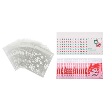 

100 Pcs Sachets Pouches White Snowflake Packaging Bag & 200Pcs Self Adhesive Merry Christmas Plastic Cookie Candy Cellophane Xma