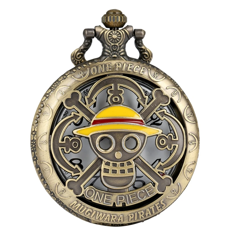Japanese Anime One Piece Theme Quartz Pocket Watch Yellow Luffy Hats Pendant Pocket Watch Necklace Clock Gifts for Students Fans