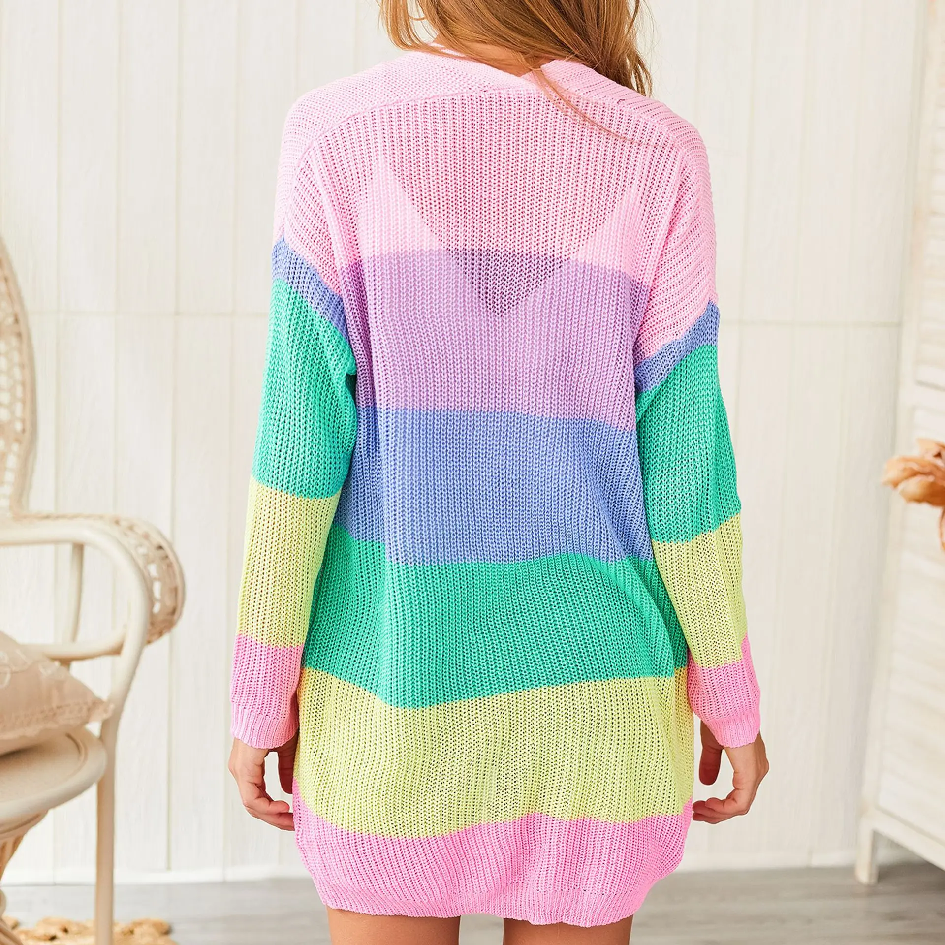 Модный разноцветный свитер с радугой, Женский Свободный Вязаный Кардиган с длинным рукавом, Женский вязаный кардиган