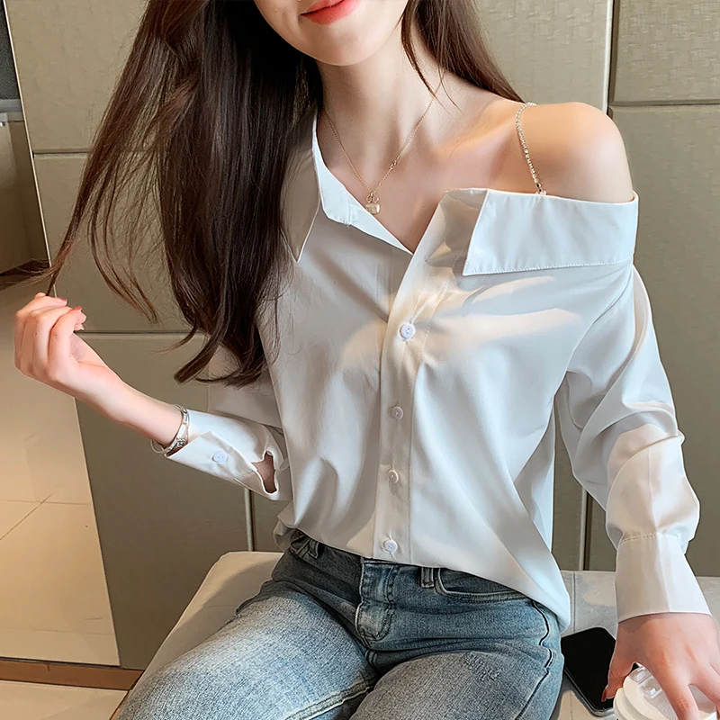 

COIGARSAM Korea Style Full Sleeve Shirt Womens tops New Spring Office Lady Chiffon Solid Women shirts White 6736