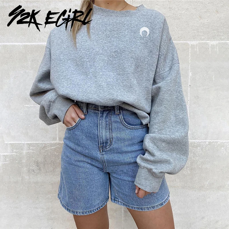 

Y2K EGIRL Oversized Moon Embroider Batwing Sleeve Long Sweatshirts Vintage 90s Solid Crewneck Loosed Casual Tops Streetwear Fall