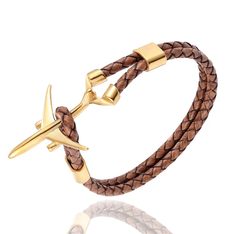 MKENDN Hot Sale Stainless Steel Airplane Anchor Bracelets Men Women Genuine Multilayer Leather Bracelet Freestyle Homme Jewelry