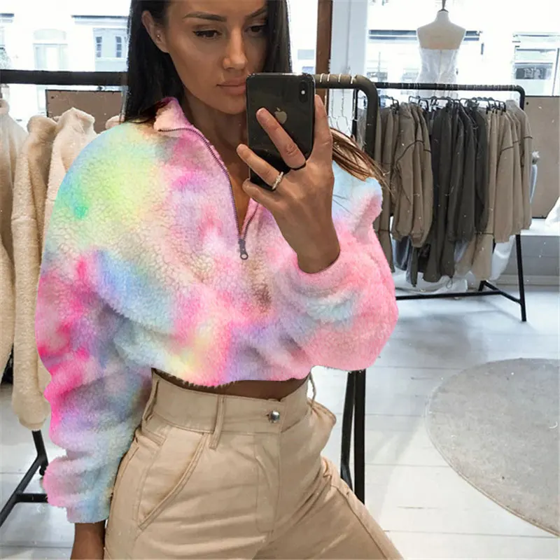 IAMHOTTY из искусственного меха Tie Dye укороченная Толстовка радужная молния Свободные пушистые женские толстовки теплая мягкая зимняя модная укороченная Толстовка