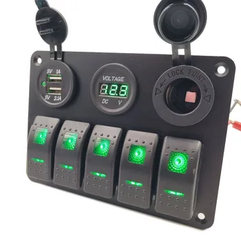 

5 Gang Toggle Switch Panel 2USB 12V For Marine RV Accessories Green Replacement