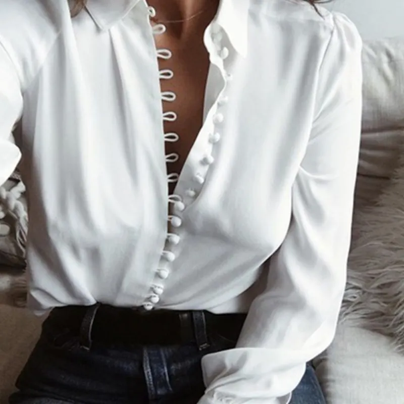Модная блузка, женские топы, женская элегантная блузка с длинным рукавом, черная белая блузка, рубашка, Повседневная Уличная хлопковая блуза на пуговицах