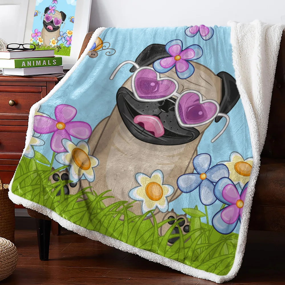 Winter Cashmere Blanket Pug Dog Flower Funny Cartoon Bedspread Bed