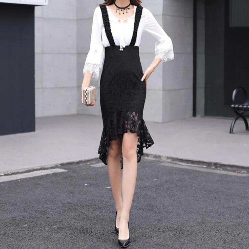 Black Skirt Черный Кружева Bodycon Юбка Для женщин Высокая талия Нерегулярные рыбий хвост юбка в виде хвоста русалки Повседневное Высокий Низкий два плеча чулок юбки на подтяжках костюм - Цвет: Black Skirt