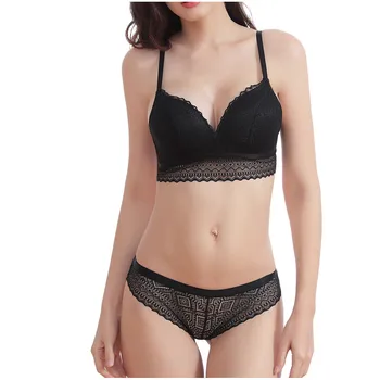 

Woman Thin And Comfortable Sexy Lace Bras Set Deep V Wire Free Female Brassiere Lingerie Underwear Lntimate Ladies Brief Set