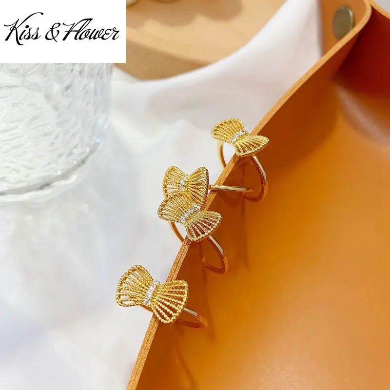 

Ювелирные изделия KISS & FLOWER RI147, оптовая продажа, модное женское кольцо для невесты на день рождения, свадебный подарок, кольцо с полым бантом из циркония, 24 карата, золото с изменяемым размером