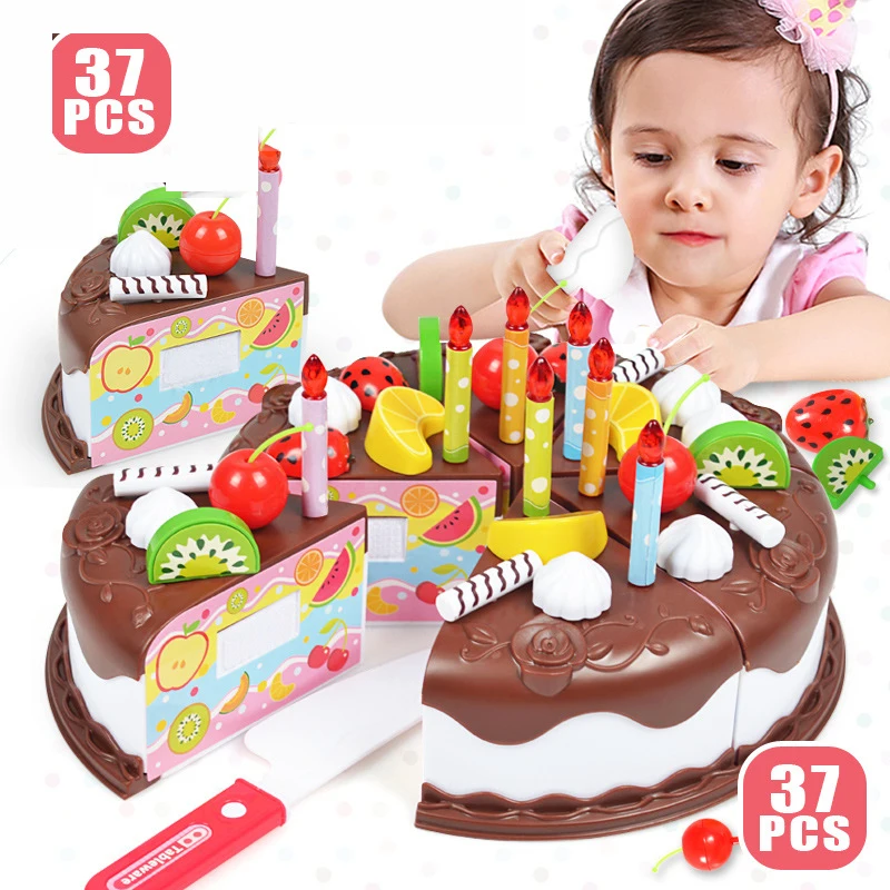 

Kid DIY Birthday Cake Toy 37 Pcs/Set Plastic Chocolate Cutting Fruit Food Pretend Play Toys Set Safe Cute Children Girl Toy Gift