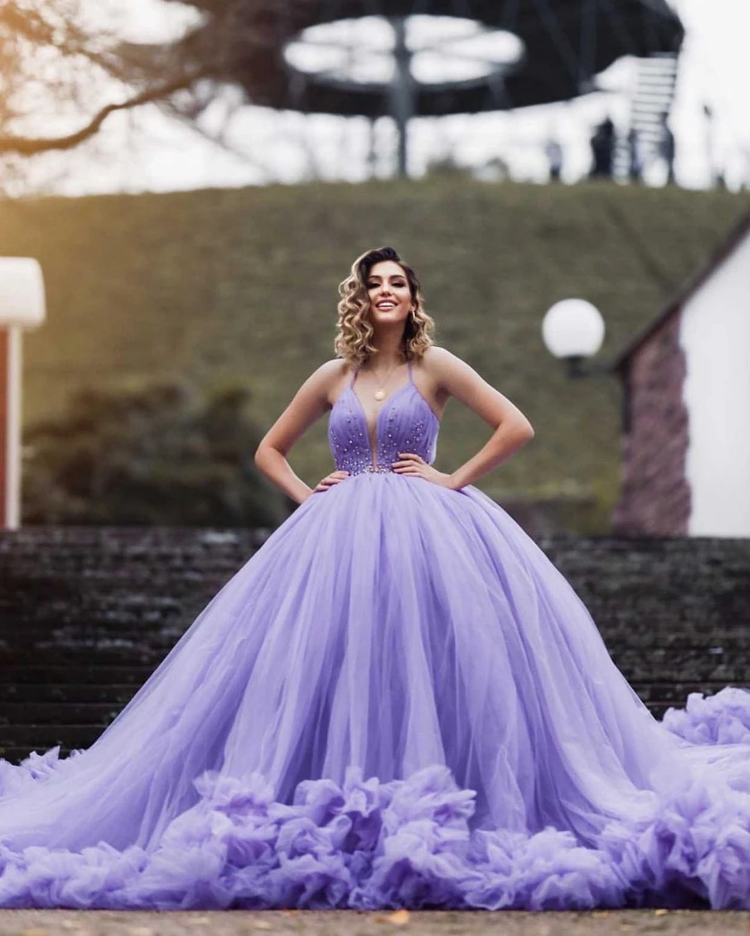 US$156.32-Purple Elegant V Neck Ball Gown Purple Dress With Backless Prom  Party Gown Princess Appliques Tiered Sleeveless Lace Swe-Description