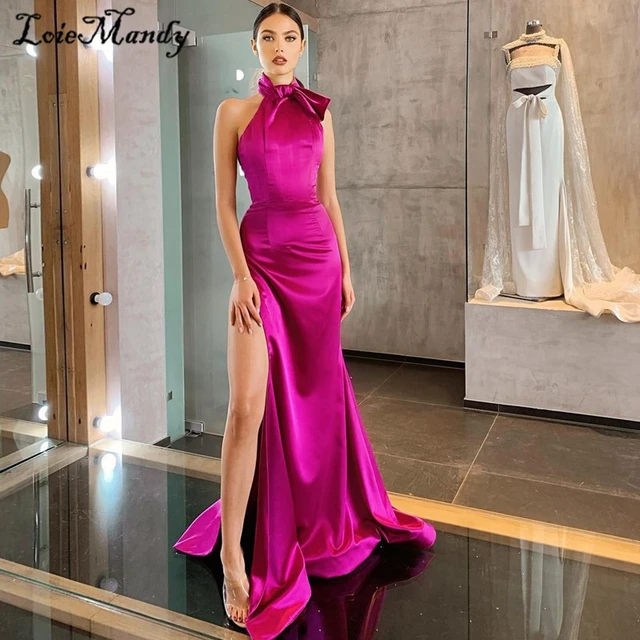 Vestido de fiesta de sirena fucsia para mujer, vestido largo y Sexy con cuello  Halter, vestido de noche con abertura alta, hecho a medida, 2021 -  AliExpress