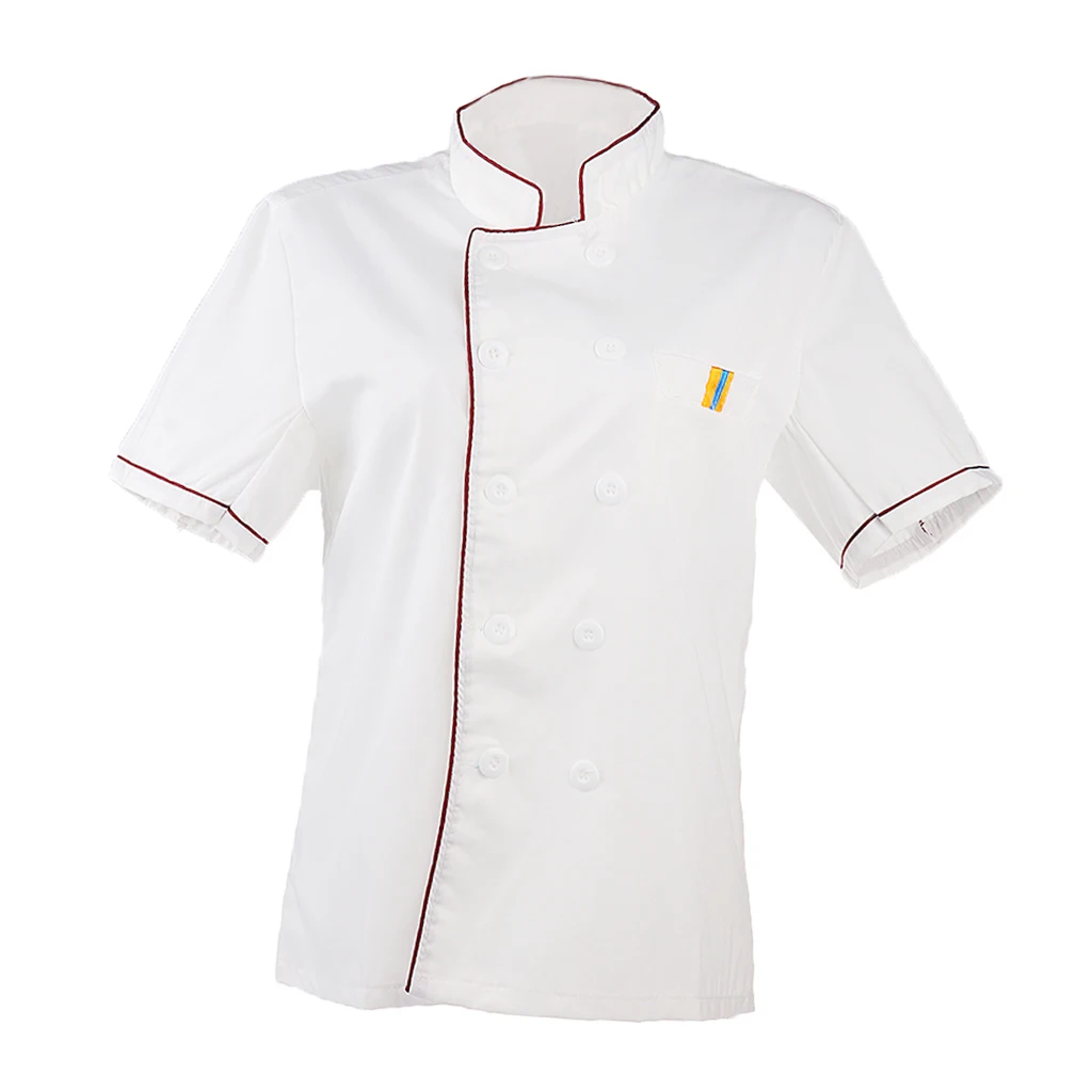 

2pcs Men Women Chef Uniform Single Breasted Cook Short Sleeve Coat M Red