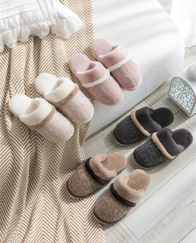 2020 Winter New Home Women Fur Slipers Solid Cotton Plush Warm Bedroom Couple Shoes Comfortable Indoor Women Furry Slippers