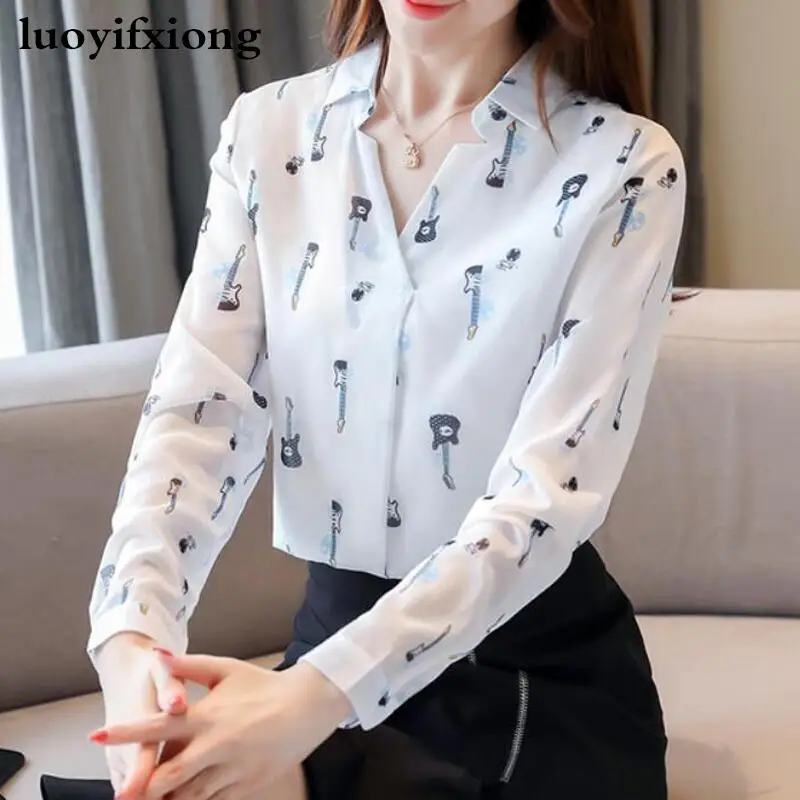 Womens Tops and Blouses Long Sleeve V-neck Fashion Print Chiffon Blouse Women Shirts Plus Size Office Women Blouses Blusas Mujer