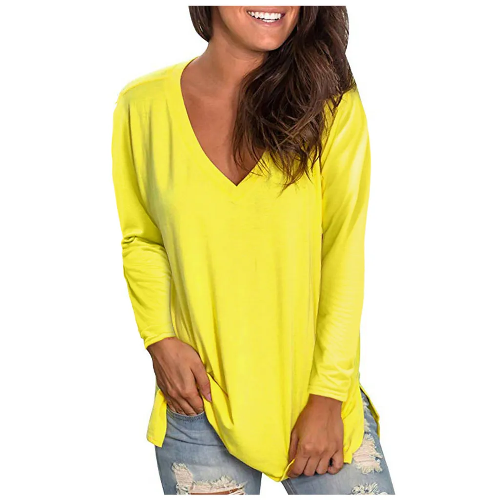Блузка Топ Новая женская зимняя рубашка с v-образным вырезом и длинным рукавом Плюс Размер Повседневная Туника Топы Блузка для женщин модная одежда - Цвет: Yellow