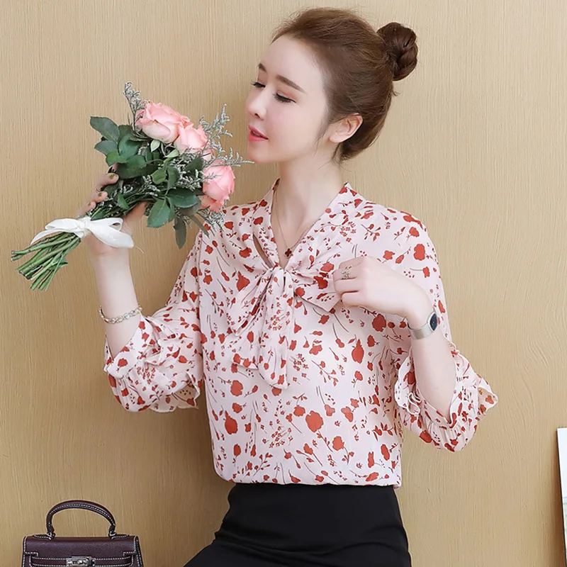 

Print Shirt Women's 2019 Summer New Style Printed Lace-up Flounced Sleeves Very Fairy of Tops Short-sleeved Chiffon Shirt WOMEN'