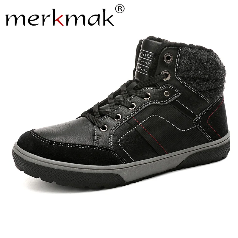 

Merkmak 2019 Winter Boots Men's Splice Casual Leather Shoes Rubber sole Non-slip Outdoor Snow Boot Man Lace Up Sneakers Shoes