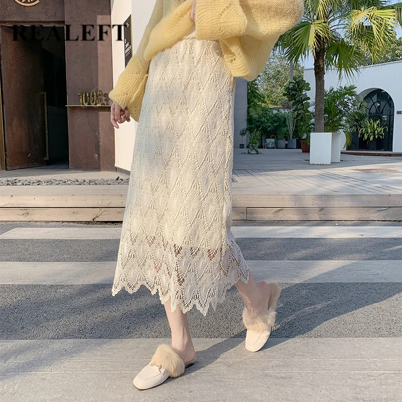 Длинные кружевные юбки REALEFT Новое поступление весна высокая талия вышивка