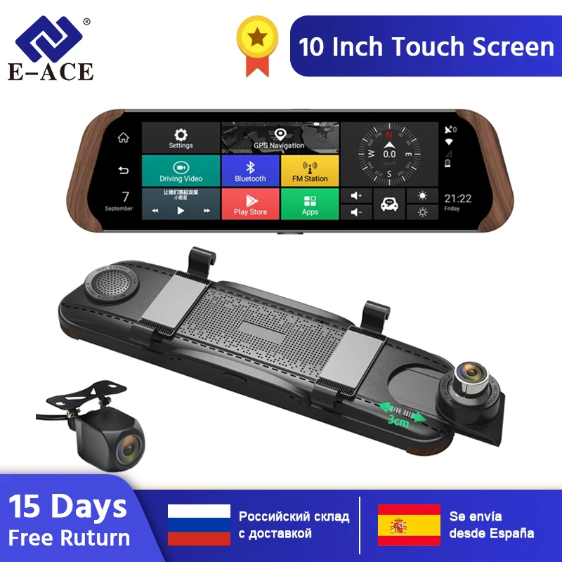 E-ACE Car Dvr Stream RearView Mirror Camera 4G Android FHD 1080P 10 Inch Dual Lens ADAS Video Recorder Auto Registrar Dashcam