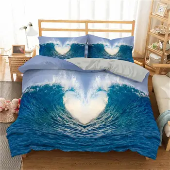 

ZEIMON Ocean Wave Printed Bedding Set Heart Sunset Duvet Cover Bedspread Full Queen Twin Bed Clothes PillowCase For Adults