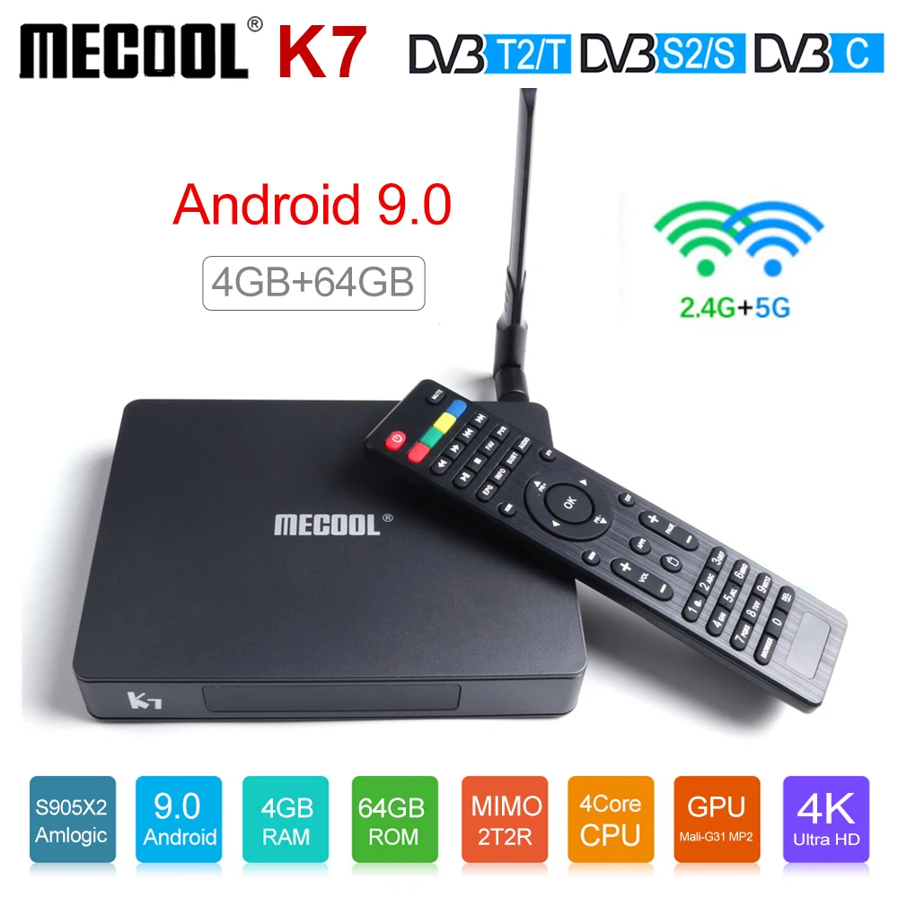 MECOOL K7 Smart tv Box Android 9,0 DVB-T2/S2/C четырехъядерный процессор Amlogic S905X2 4 Гб DDR4 64 Гб 4K 60fps 2,4G 5G wifi 1000 Мбит/с телеприставка