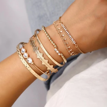 

7 pcs/set Bohemian Retro Crystal Arrow Geometry Open Edelstenen Armband Set Dames Sieraden Accessoires Party Bangle