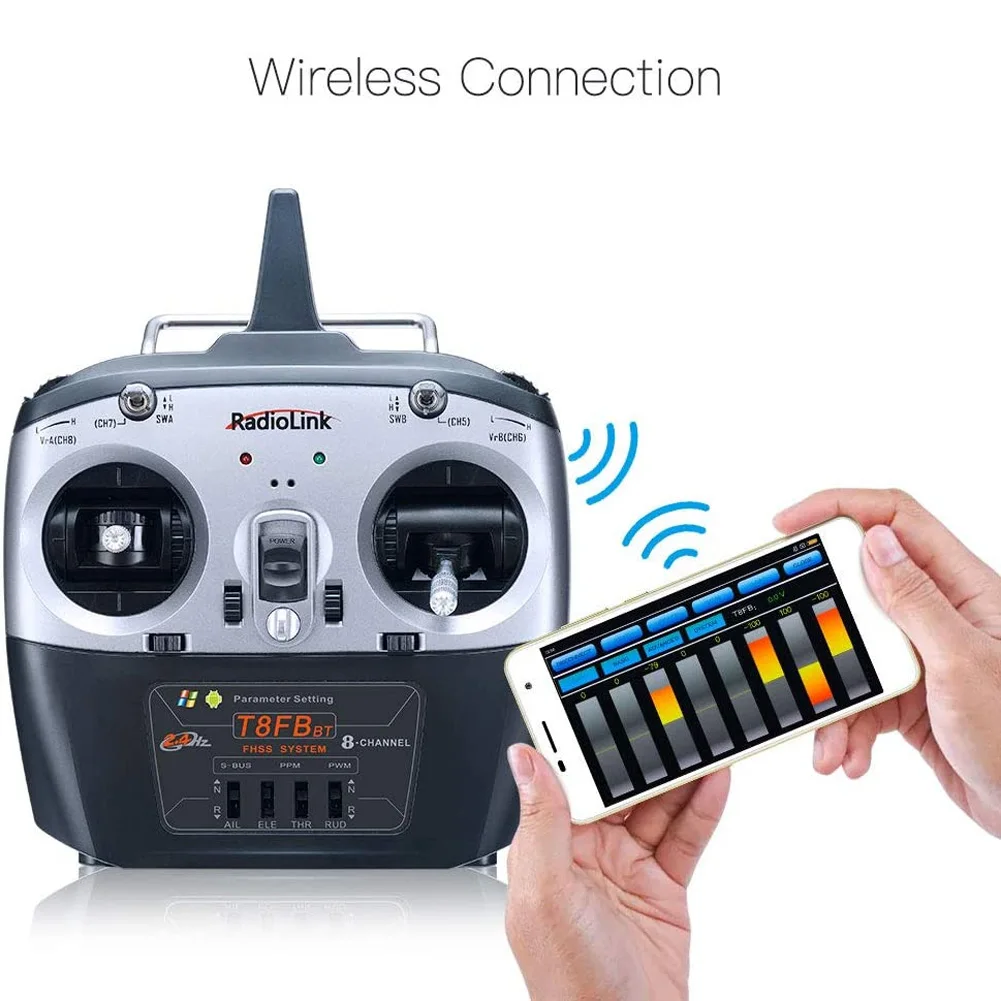 Vue arrière de l'émetteur RadioLink T8FB avec antenne et poignée de transport