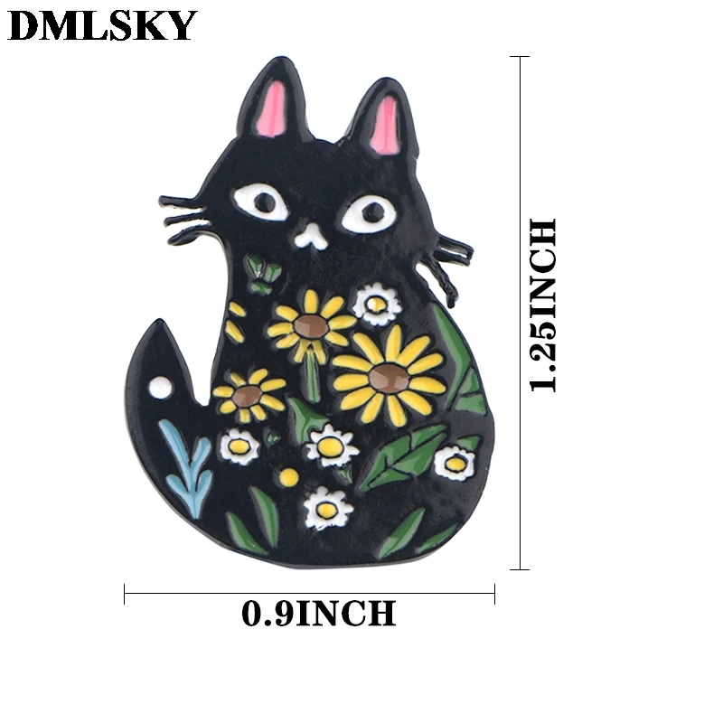 DMLSKY крутая черная кошка с цветком металлическая эмалированная брошь-кнопка симпатичный значок на булавке на шляпу, Мультяшные значки с принтом Значки для одежды M4029