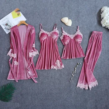 

Sexy Women Home Clothes Soft Homewear Nightwear 4PCS Pajamas Suit Sleepwear Velour V-Neck Casual Sleep Set Intimate Lingerie