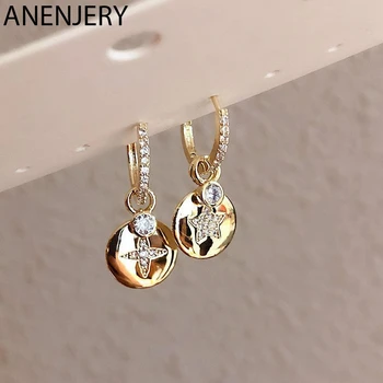 

ANENJERY Exquisite Asymmetric Micro-inlaid Zircon Star Round Earrings For Women Gift Party Bridal Jewelry Hoop Earrings S-E1251