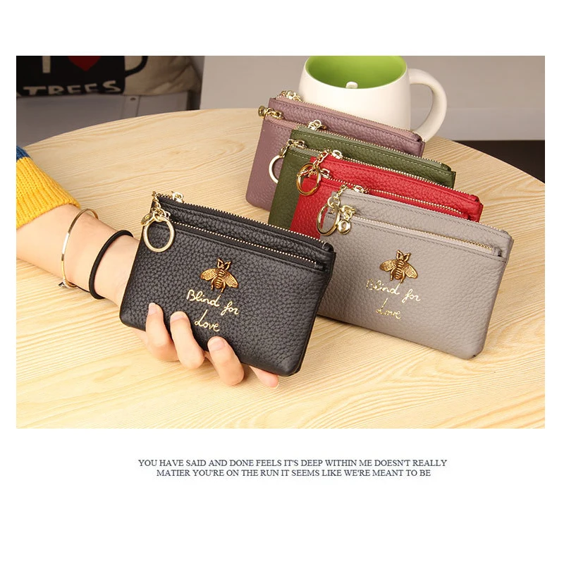 

Genuine Leather Ultra Thin Coin Purse High Quality Metal Bee Letters Brand Designer Women Men Mini ID Credit Card Key Holder