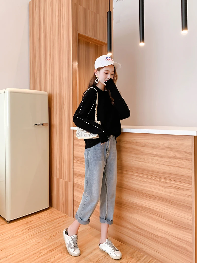 Sueter mujer invierno вязаный свитер женский офисный женский Однотонный черный свитер с круглым вырезом и бисером женский корейский топ топы с капюшоном 0341