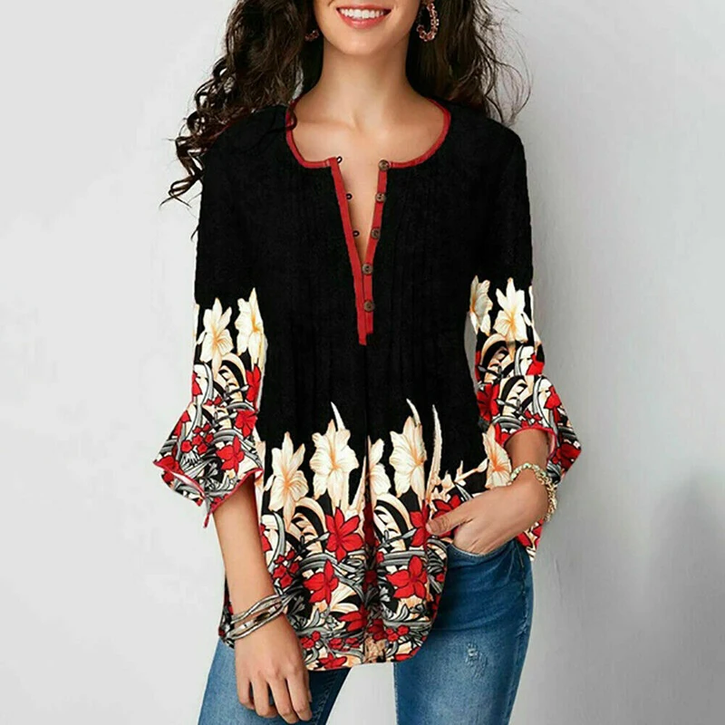 Autumn Elegant Women Ladies Boho Floral Loose Top Shirt 3/4 Sleeve Plus Size Tunic Blouse S-2XL tunic tops s-2xl size