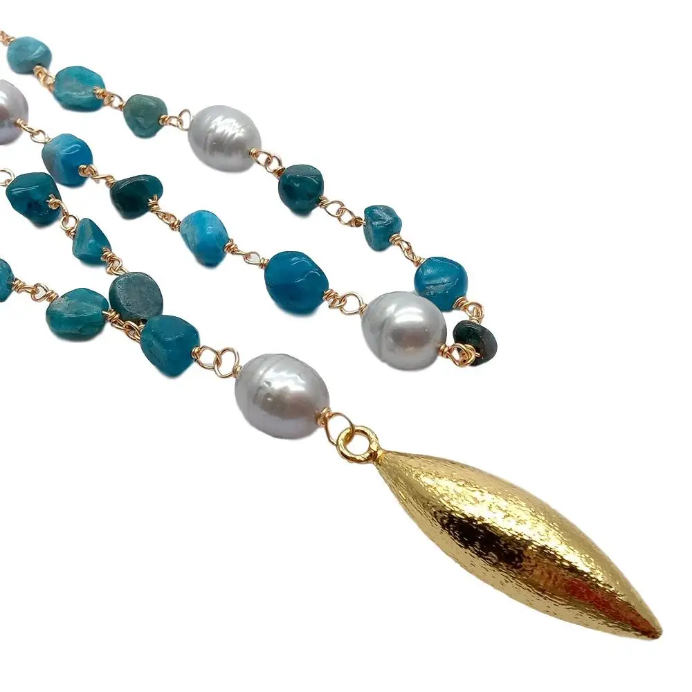 

Y·YING natural Apatites Cultured Gray Rice freshwater Pearl Necklace Olive Brushed Gold color Plated Pendant necklace 24"