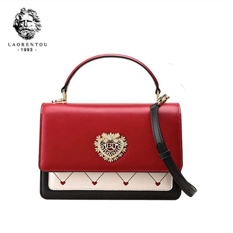 

LAORENTOU women leather bag 2019 new fashion contrast color portable square bag Wild shoulder bag Small fresh messenger bag