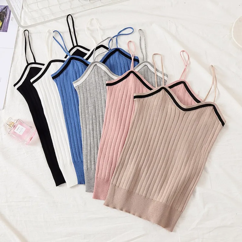 

Z 2019 Summer Women Versatile Sweet Knit Summer Off Shoulder Slim Solid Color Sexy Strap Camisole V Collar Camisole